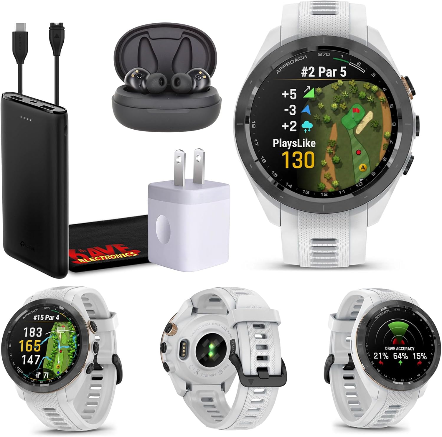 Garmin Approach S70 42MM White- GPS Golf Smartwatch for Men, Lightweight Touchscreen AMOLED Display and Preloaded Courses Bundle with Wireless Earbuds & More
