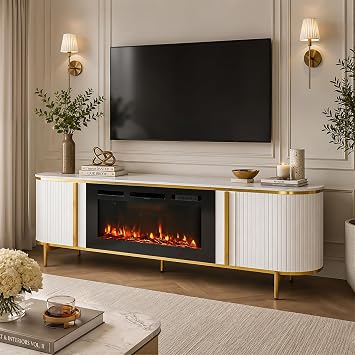 70" Fluted Fireplace TV Stand, Modern Entertainment Center for TVs Up to 80, Farmhouse White TV Console for Living Room, White TV Stand and Black Fireplace