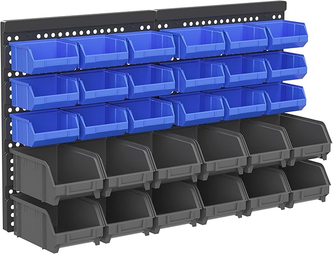 DURHAND Wall Mounted Storage Bin Rack Tool Organizer with 30 Bins