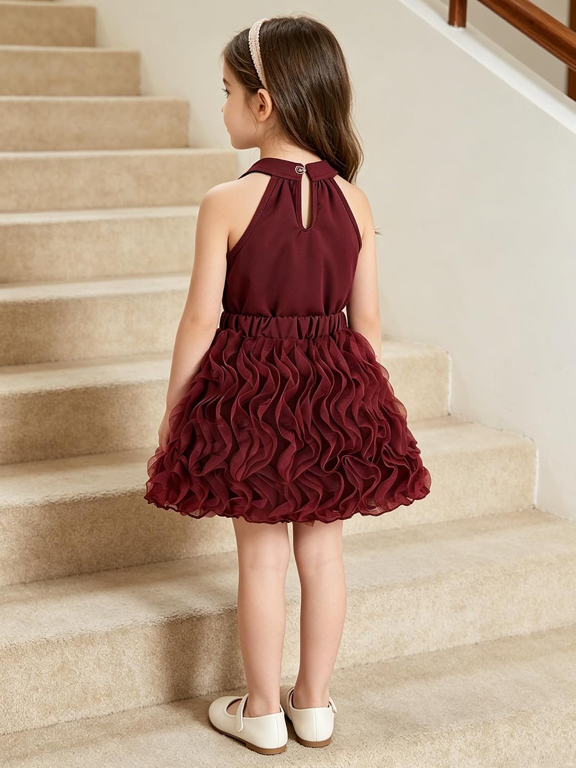 ranrann Girls Puffy Skirt Set with Cute Bowknot Top Wedding Guest Tulle Dress Pageant Party Sundress Burgundy 5-6 Years