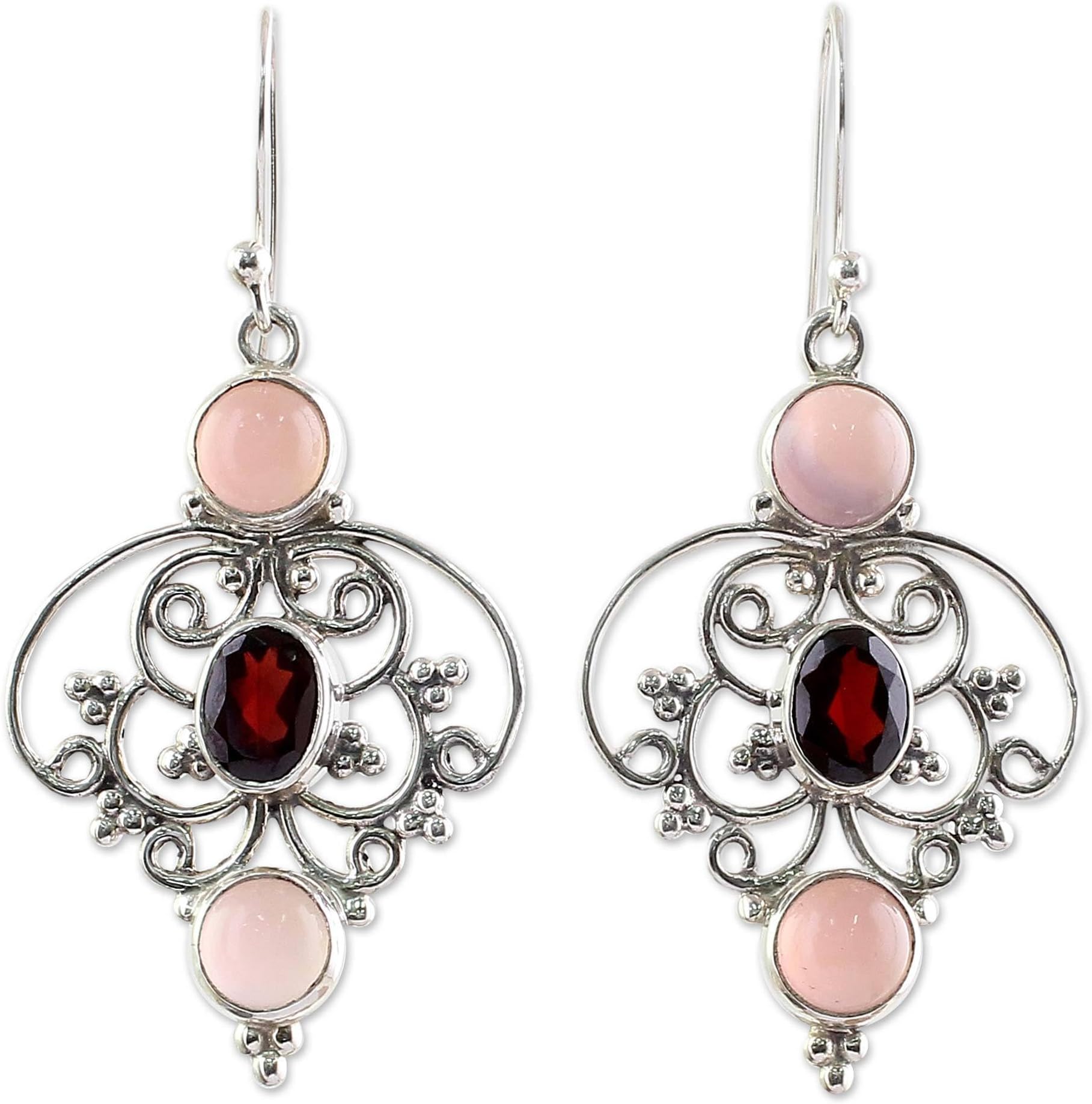NOVICA Artisan Handmade Garnet Chalcedony Dangle Earrings Sterling Silver from India [1.2 in L x 0.8 in W] ' Glistening Jaipur'