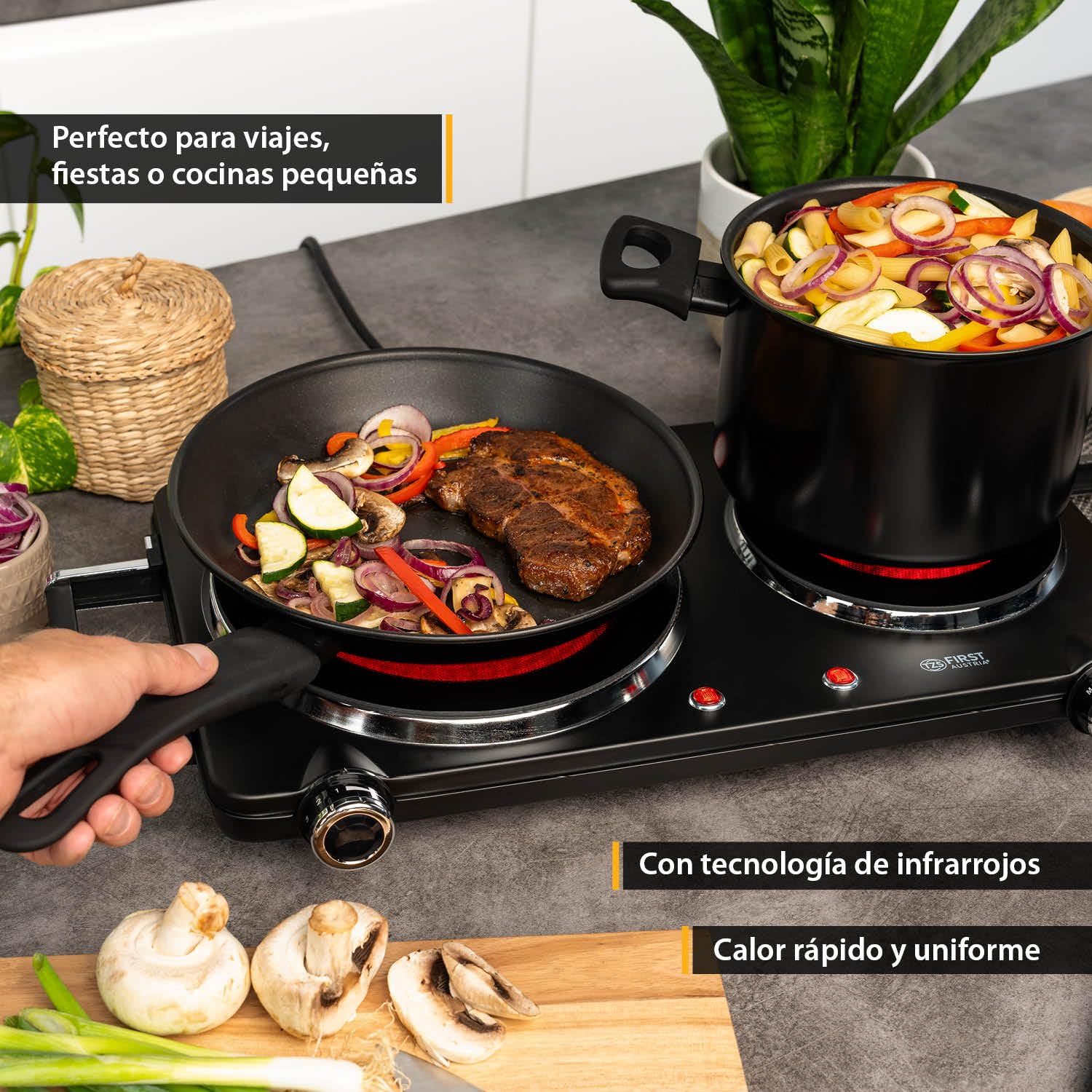 TZS First Austria placa vitrocerámica infrarrojos doble | Compatible con todo tipo de ollas | Placas 22 cm y 16,5 cm | Calentamiento rápido, regulación continua | Camping, mudanza, apartamento