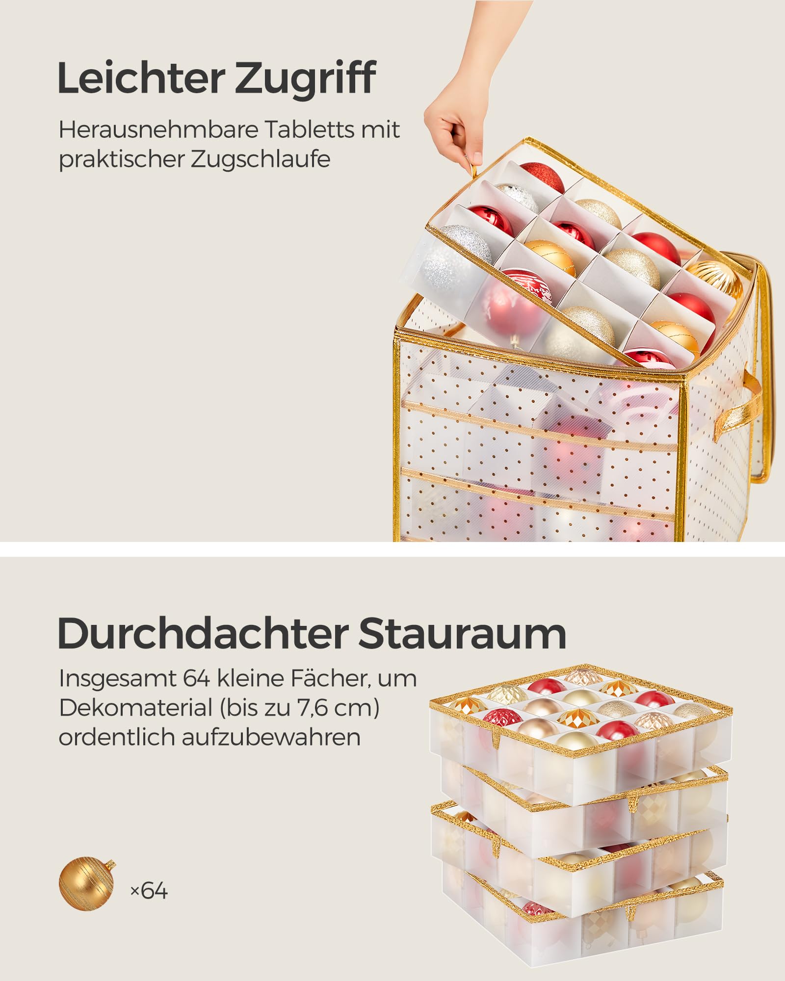 SONGMICS Aufbewahrungsbox für Weihnachtskugeln, Weihnachtskugeln Aufbewahrung, 64 Fächer je 7,6 cm, herausnehmbare Tabletts, 33,5 x 33,5 x 34 cm, sandiges Gold RFB029A03