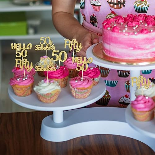 Miniatura 55 de Gyufise 24 piezas de adornos dorados para cupcakes de 10.º cumpleaños con purpurina dorada de doble dígito Hello 10 Ten Cupcake Picks para fiesta