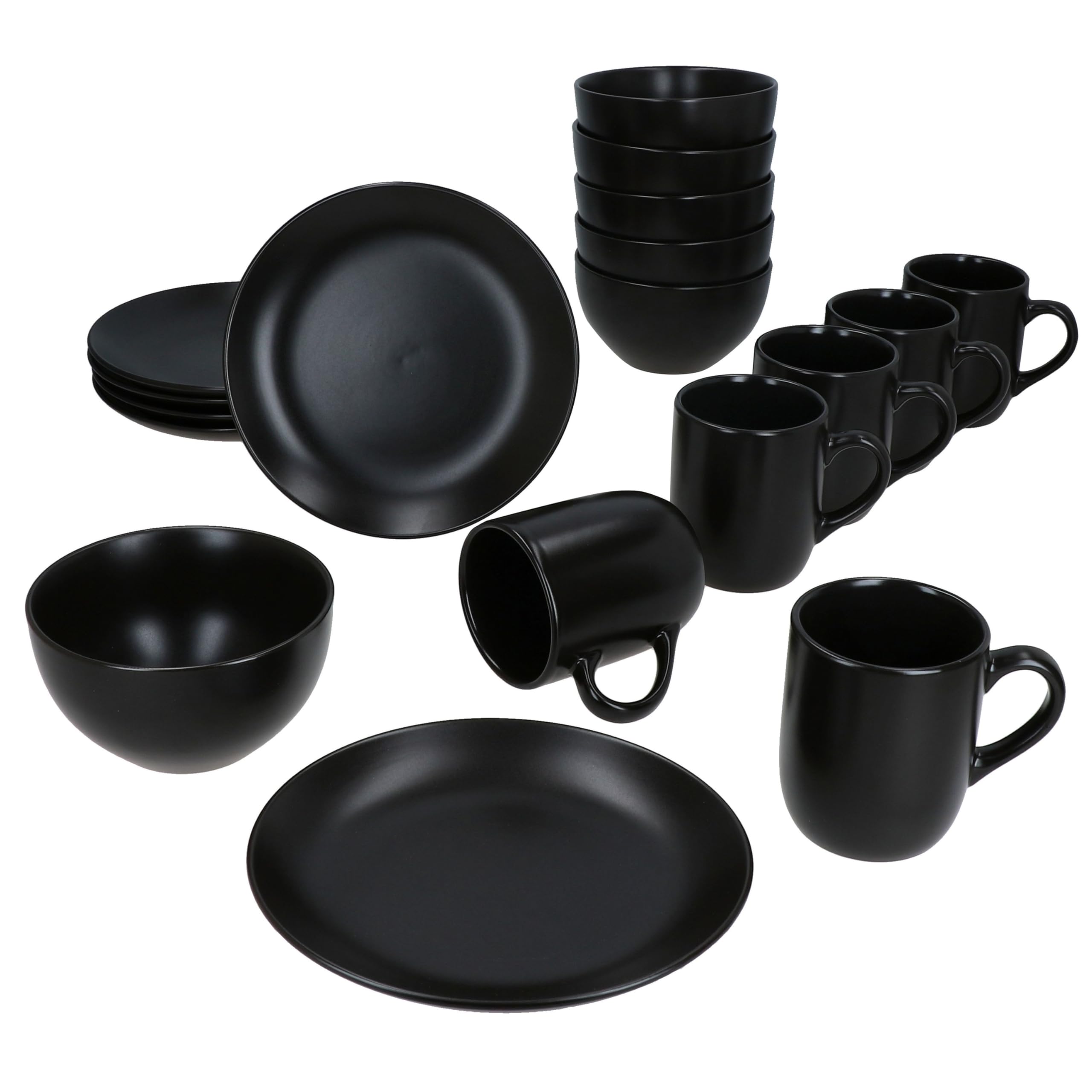 MamboCat Panther Service de petit-déjeuner 18 pièces noir mat I 6 petites assiettes, bol 450 ml et tasse à café 340 ml, hauteur 10,3 cm pour 6 personnes I Vaisselle en faïence pour le petit déjeuner
