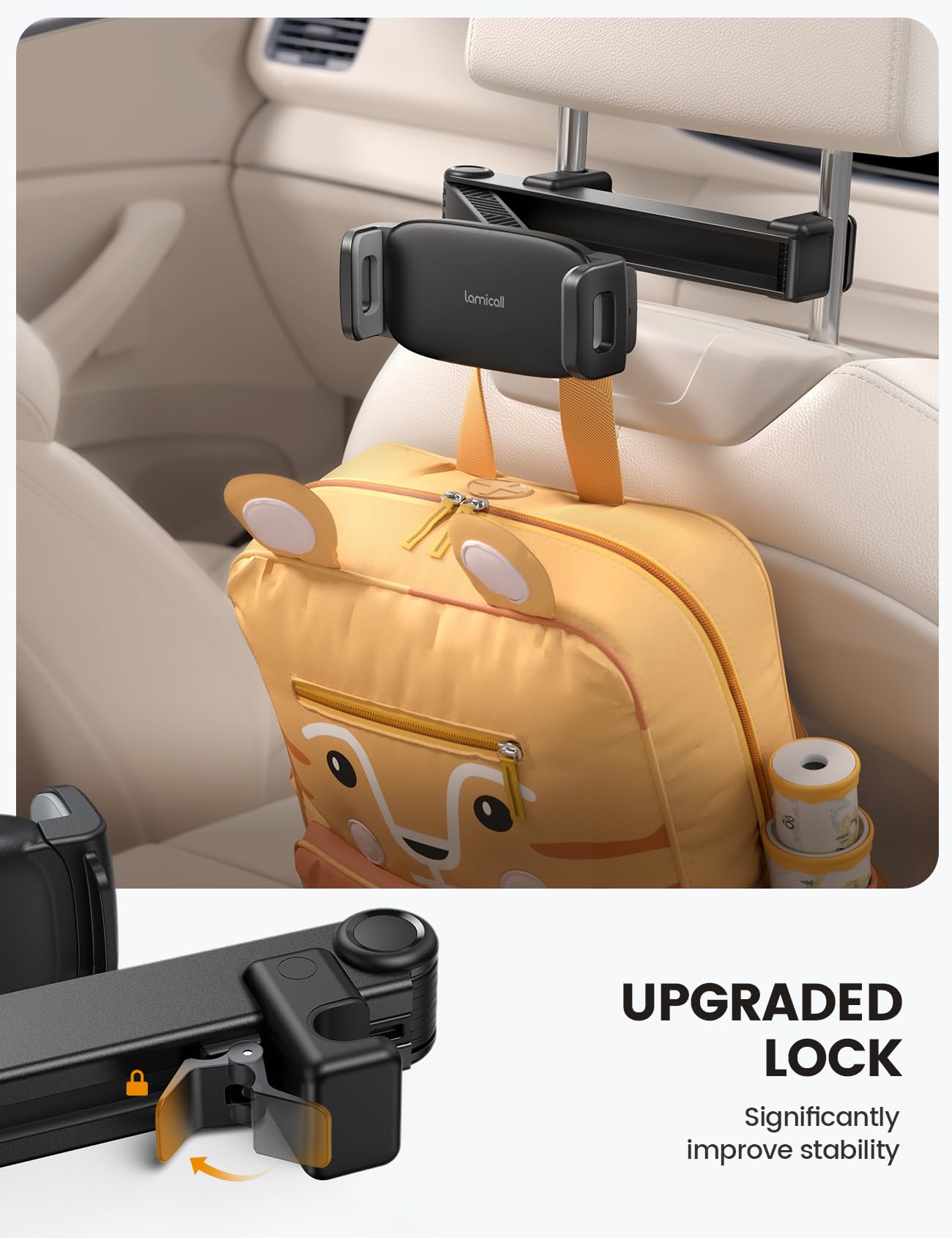 Lamicall Support Tablette Voiture pour Appuie-tête - [Verrouillable] [2026 Bras Extensible Biaxial] 360° Rotation, Support pour iPad Pro, Air, Mini, Switch, Autre 4,7 à 13" Téléphones et Tablette