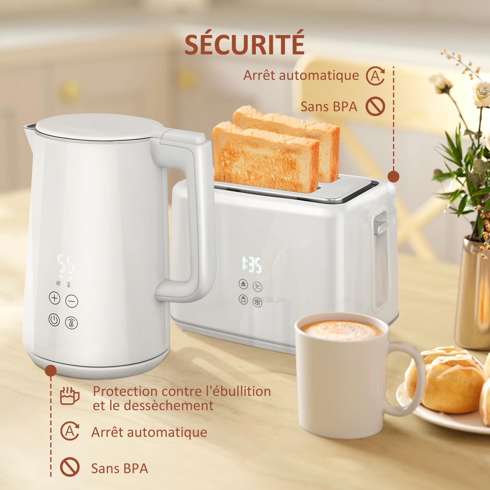 HOMCOM Ensemble bouilloire et grille-pain 2200 W, bouilloire en inox 1,5 L avec isolation et grille-pain 2 tranches, 7 niveaux de brunissage, décongélation, réchauffage et plateau à miettes, crème