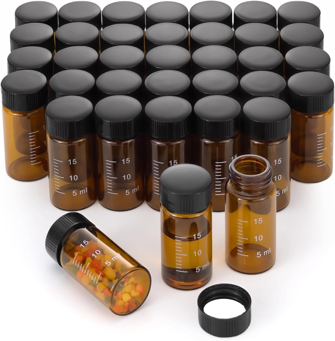 20mL Small Amber Glass Vials with Screw Caps & Scale, 36pcs Graduated Lab Samples Bottles, Perfume Essential Oil Refill, Leak Proof, Travel Portable, Refillable, Lightweight, UV Protection