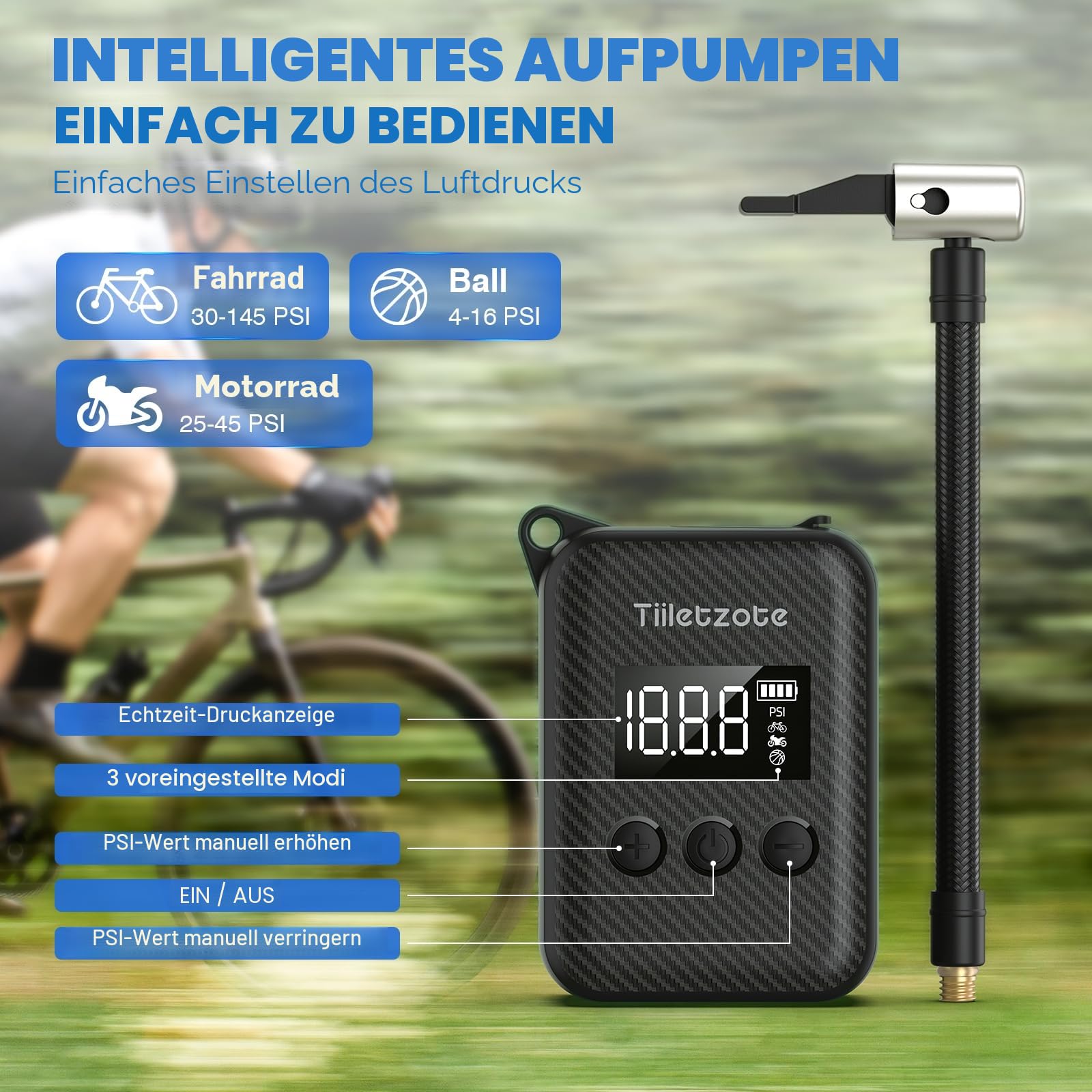 Fahrradpumpe, 130 PSI Mini-Fahrrad-Reifenpumpe mit Messgerät, passend für Presta-Ventil und Schrader, tragbare elektrische Luftpumpe, Luftkompressor, automatische Abschaltung, kleine