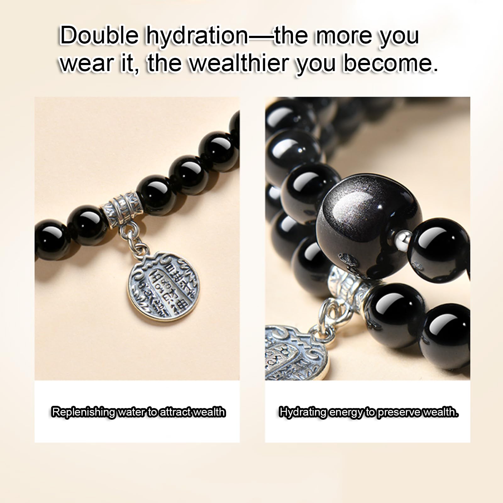 Bracciale con perline elasticizzate a doppio giro di ossidiana naturale | Amuleto di protezione spirituale e attrazione di ricchezza, braccialetto energetico Feng Shui per uomini e donne (6 mm)