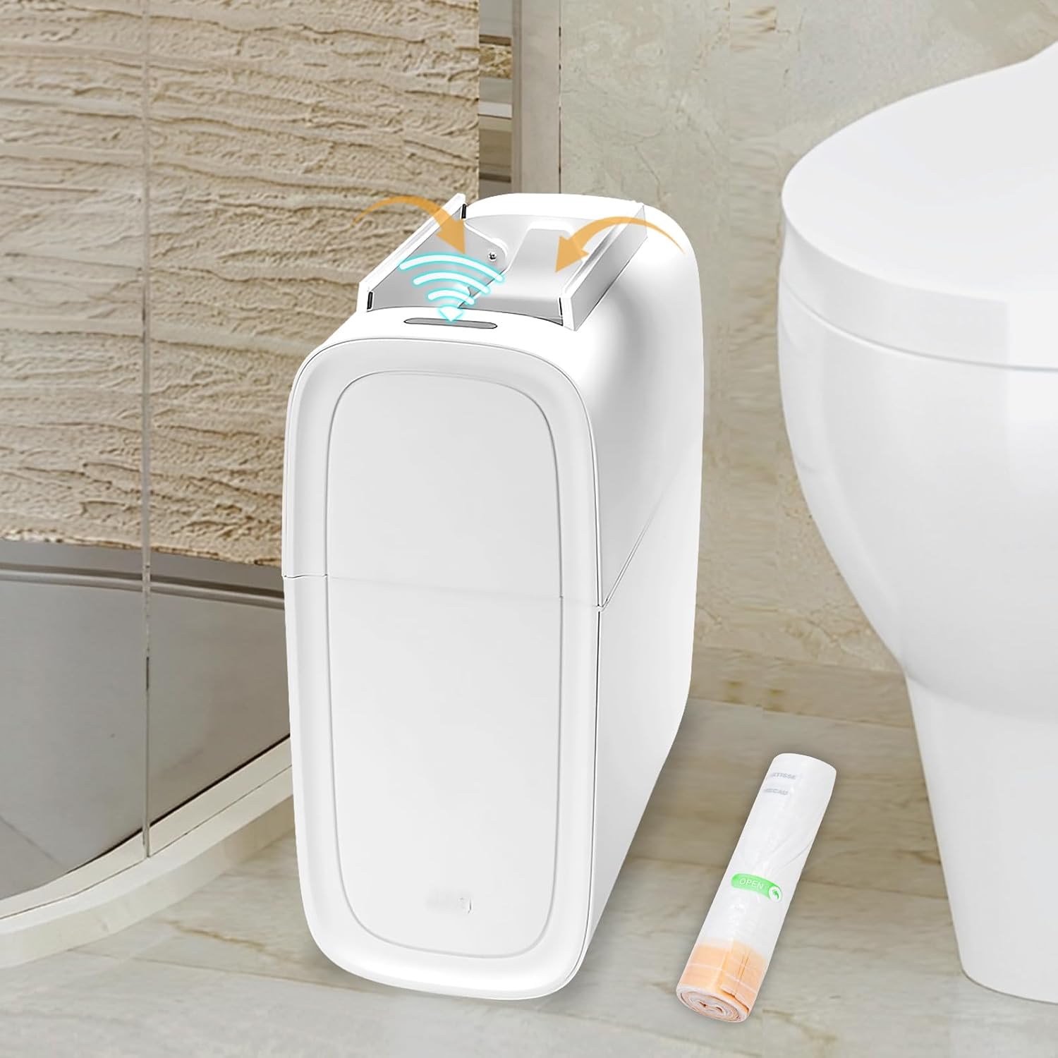 3 Gallon Automatic Bathroom Trash Can with Lid, Automatic Bag Expanding Trash Bins,Waterproof Motion Sensor Trash Can,White Slim Small Garbage Cans for Narrow Place,Kitchen(Includes 1 Bag Roll)