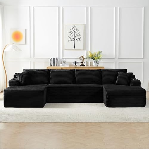 134 Inch Cloud Sectional Couch for Living Room,Corduroy Boneless Couches with L-Shape Chaise,Modern Modular Sectional Sofa with Deep Seat,No Assembly Required (Black, U-Shaped Sofa)