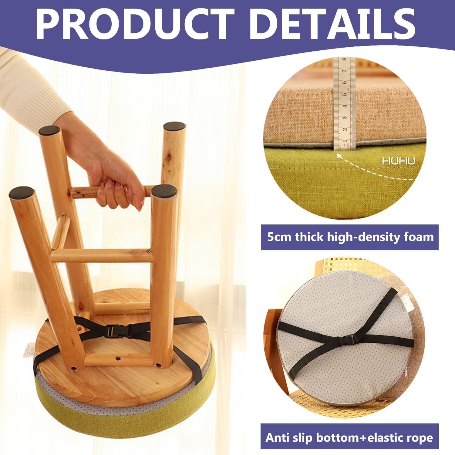 Round Stool Seat Cushion 10/11/12/13/15/16/18" Chair Pad with Ties - Non-Slip Round Bar Stool Cushions Thick & Comfy Memory Foam for Stools/Chairs/Kitchen/Dining(@4,16x3in)