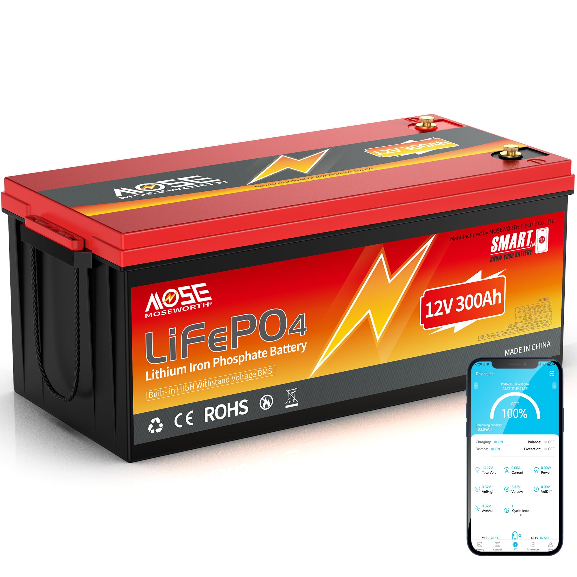 Batterie au lithium LiFePO4 12 V 300 Ah avec Bluetooth - BMS intégré, protection basse température, plus de 4000 à 15 000 cycles - Cellules de batterie au lithium fer phosphate de grade A, pour moteur