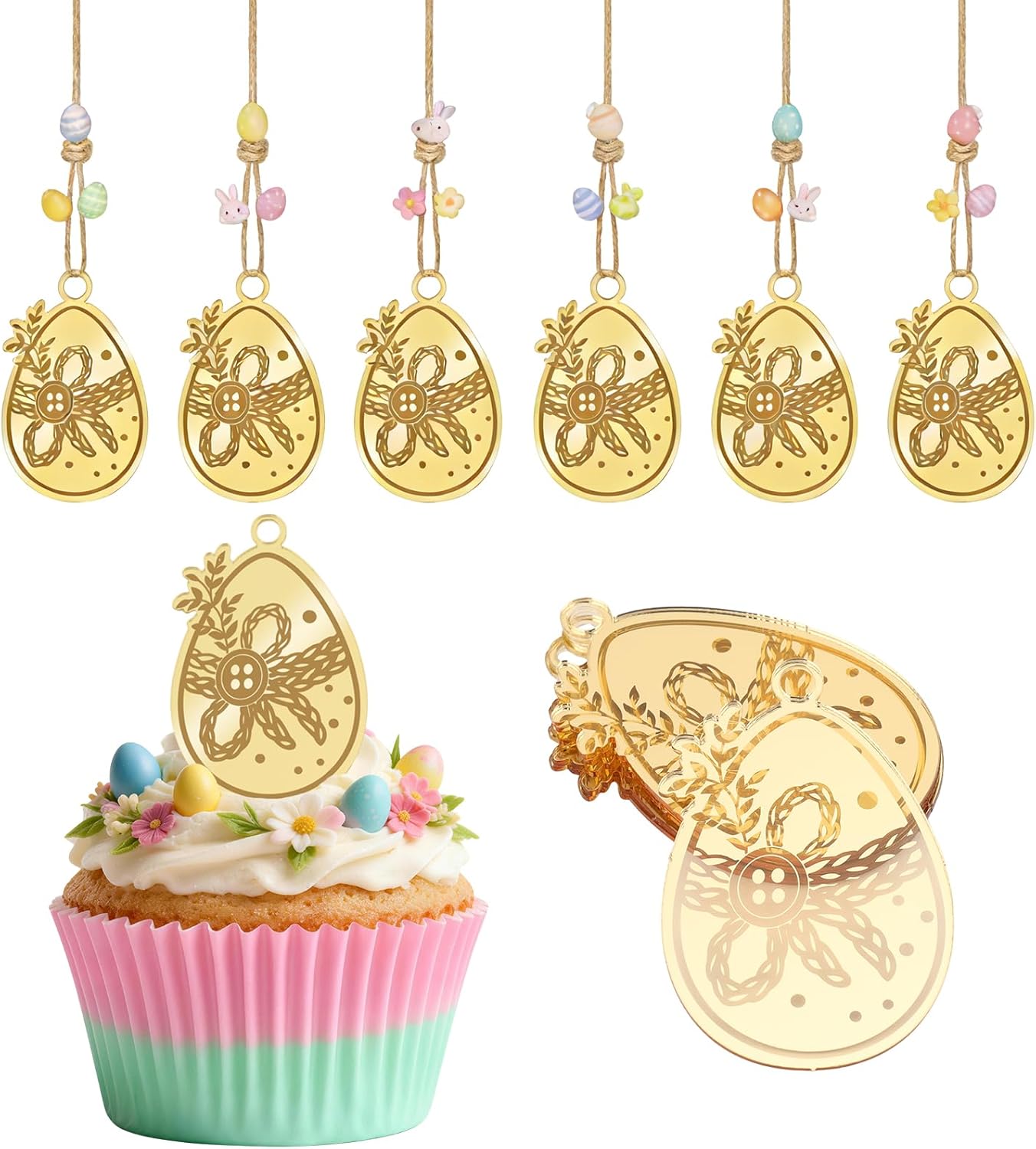 24pcs Gold Easter Tags Cupcake Toppers Mirror Acrylic Easter Eggs Cake Decorations for Spring Easter Theme Party Supplies DIY Easter Flower Gift Pastries Desserts Decor