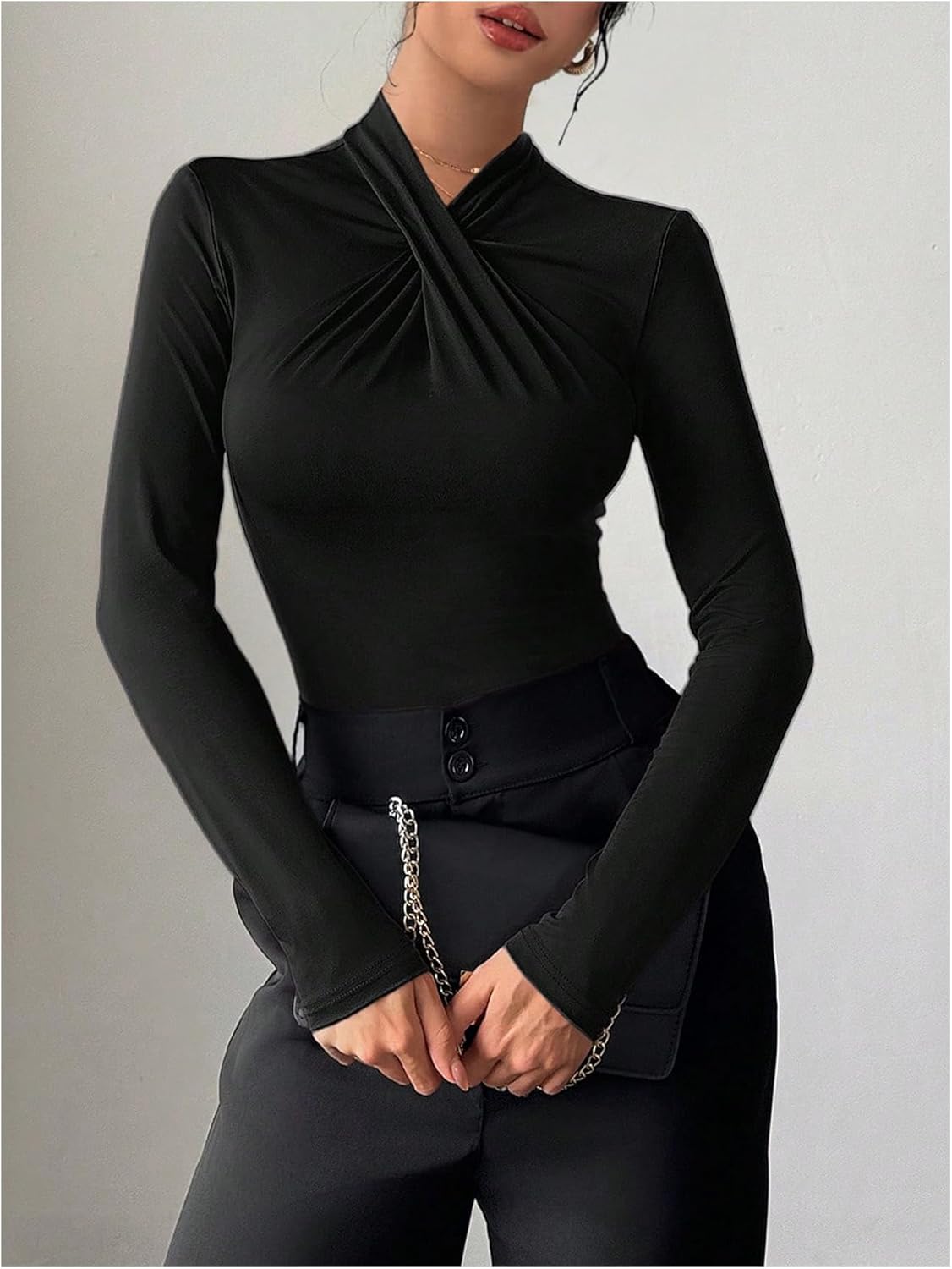 GORGLITTER Women's Criss Cross Business Casual Bodysuit Long Sleeve Dressy Body Suit Tops - Image 5