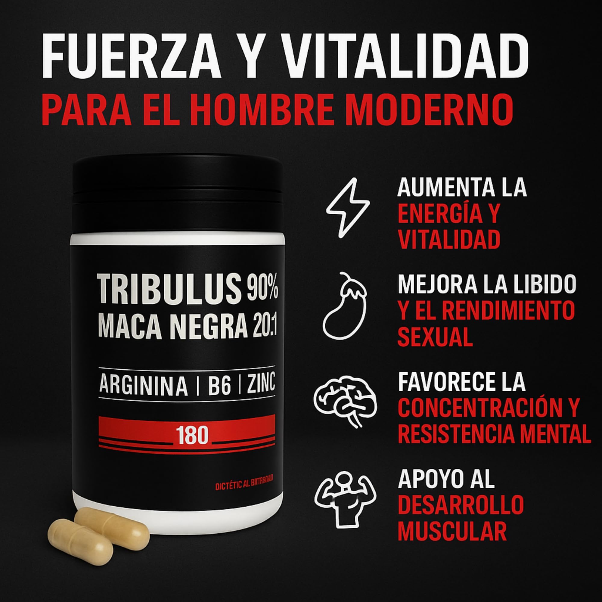 EUROPEA tribulus terrestris 180 Cáp - 90% tribulus maca testosterona - Con maca pura 20:1 Arginina B6 Zinc - Mejora la fuerza y resitencia - FABRICADO EN ESPAÑA