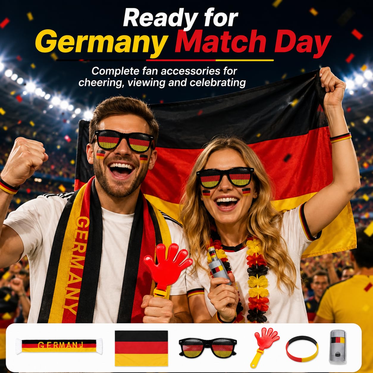 Kit Supporter Foot Mondial 2026 FELIXIZ – 6 Pièces : écharpe, Lunettes, Drapeau, Claquette, Maquillage, Bracelet – France, Allemagne Ou Espagne