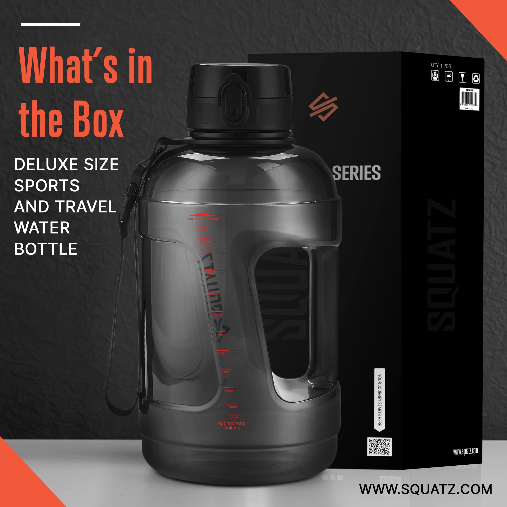 SQUATZ Poseidon Wasserflasche, 2,2 l, Schwarz, Sport, großes Volumen, breite Öffnung, rutschfester Griff, sturzsichere Kappe, feste Schnalle, Tragegurt, auslaufsicher und ohne Kondensation