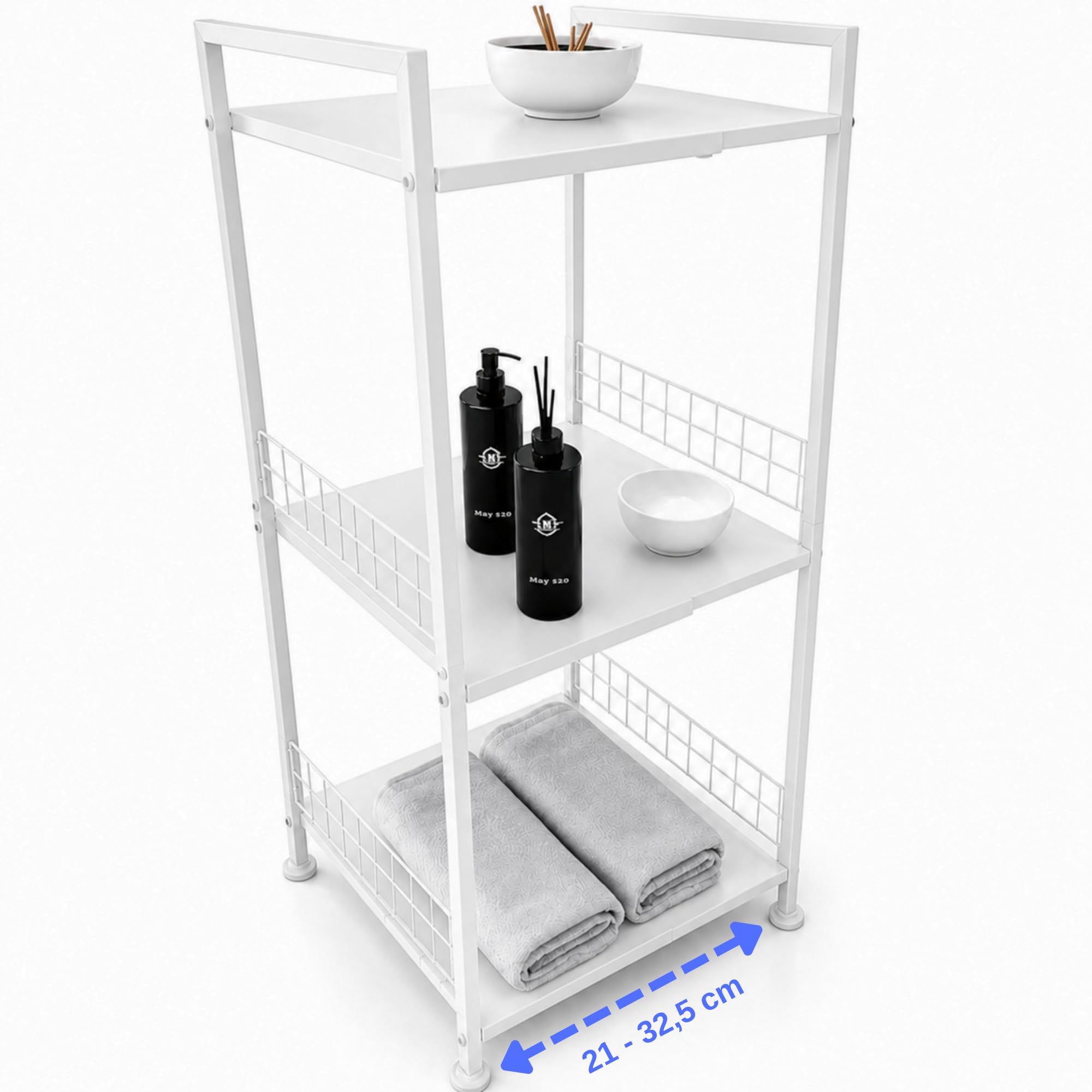 Verstellbares Nischenregal Metall – 21–32,5 cm ausziehbar – Schmales Badregal 3 Ebenen – Freistehend für Bad, Küche, Waschmaschine & Abstellraum – 60 kg belastbar