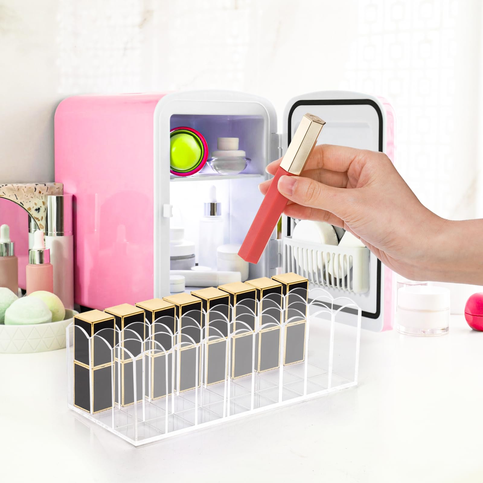 Hedume Organizador de brillo de labios, 24 espacios, acrílico brillo de labios y soporte de maquillaje de belleza, estuche expositor para brillo de labios alto/productos de pintalabios