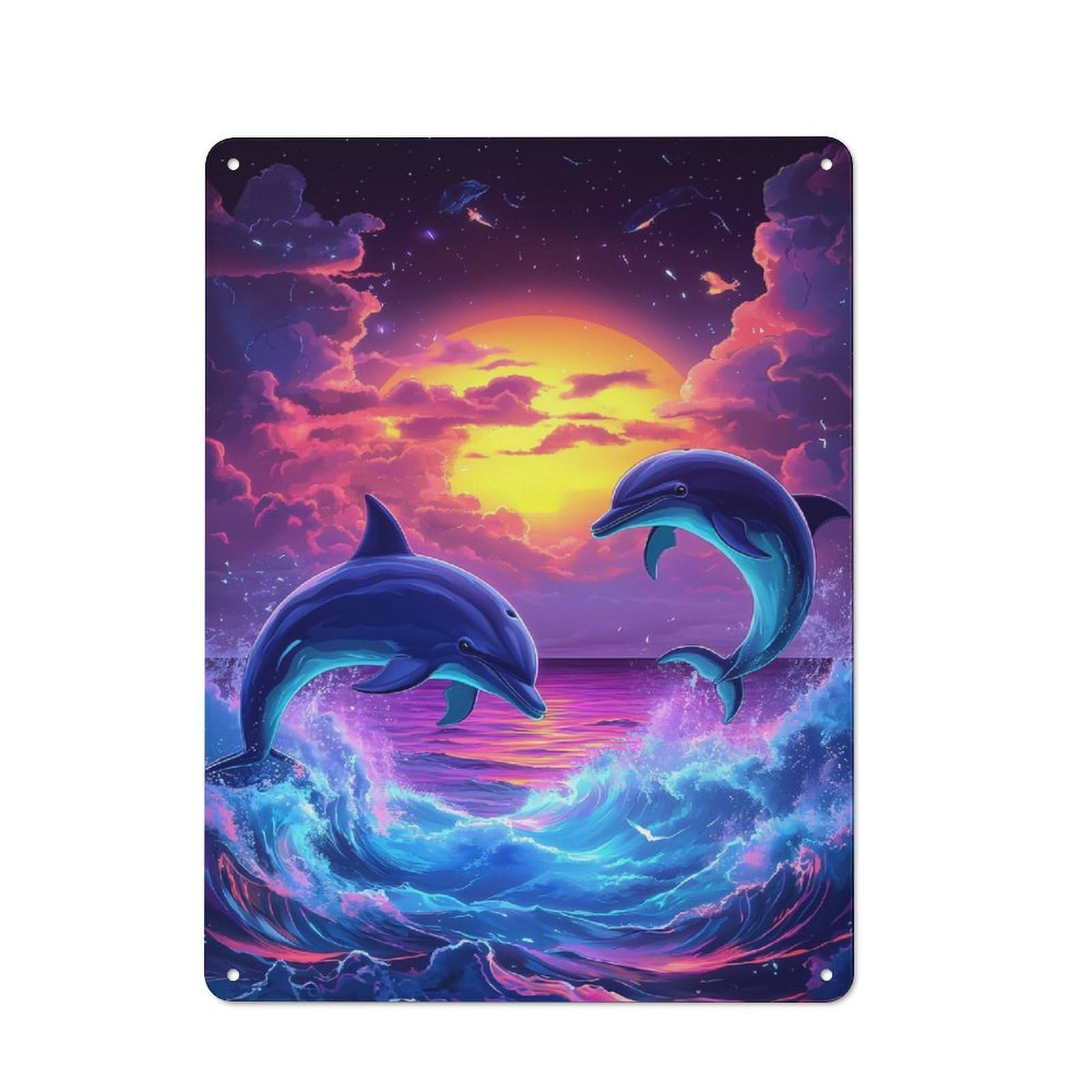Vintage Dolphin Sunset Decorative Tin Plaque 40x30cm, Room Wall Plaque for Hallway, Home Bar, Garage Or Study