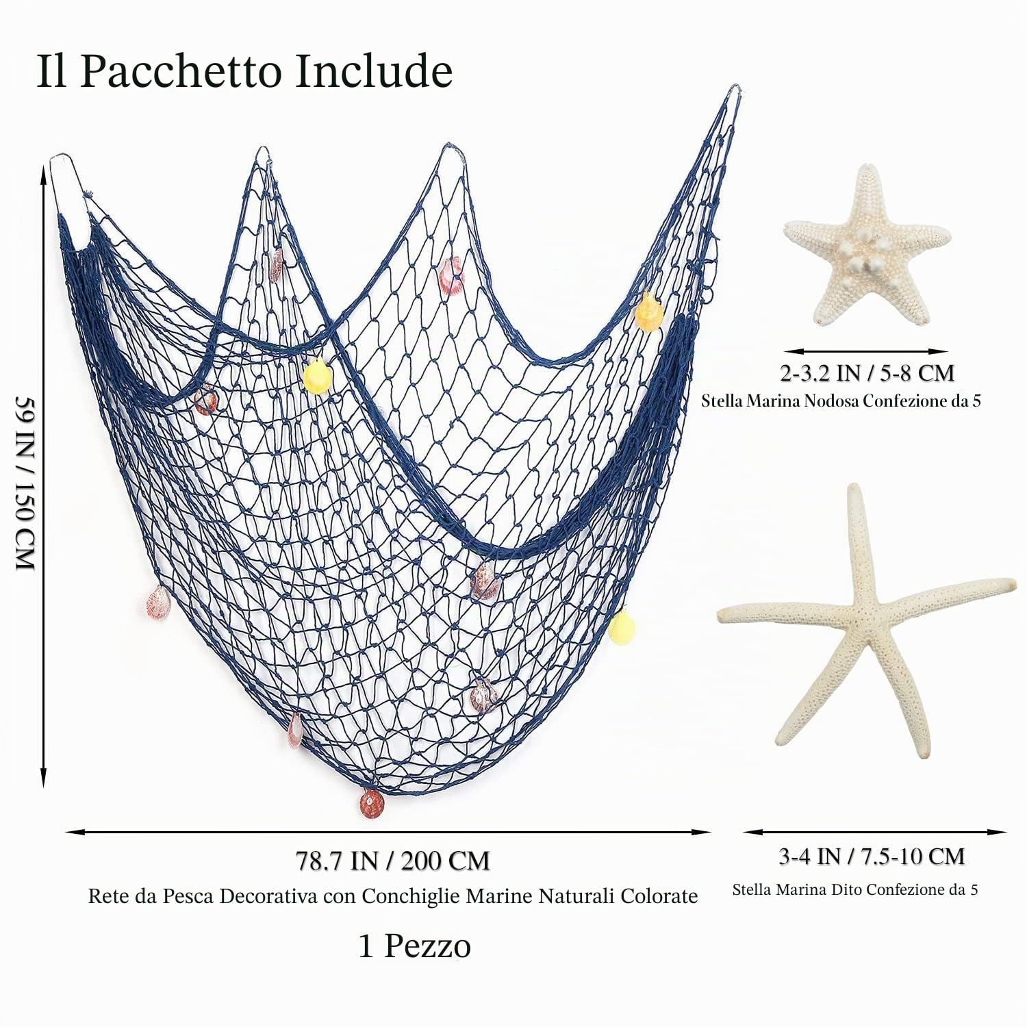 Natura rete da pesca decorazione murale fotografica con conchiglie di mare e 10 pezzi stelle marine naturali. Rete a tema oceanico festa in spiaggia (Blu)