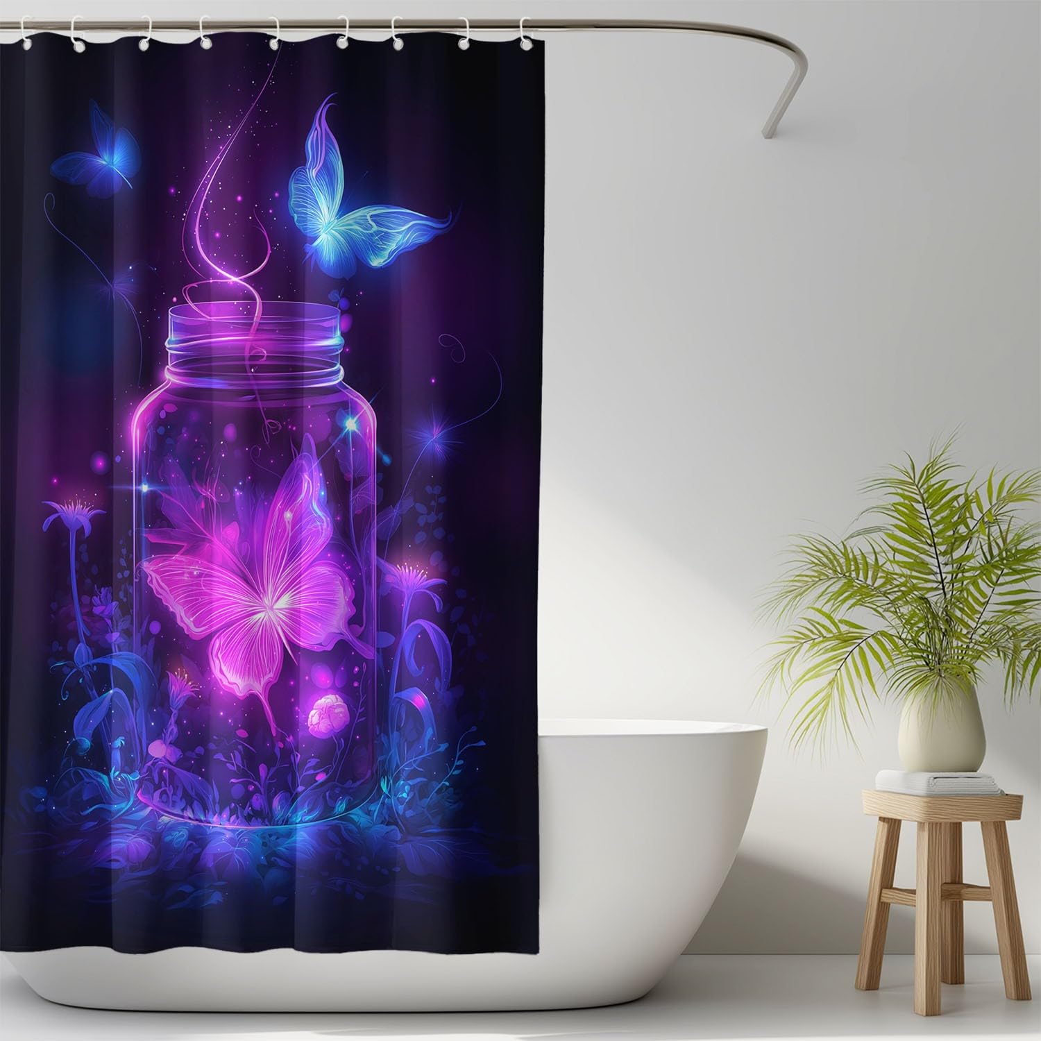 Fantasie Wonderland - Tenda da doccia con farfalle, 240 x 200 cm, impermeabile, resistente alla muffa, in microfibra, con occhielli e ganci, colore nero