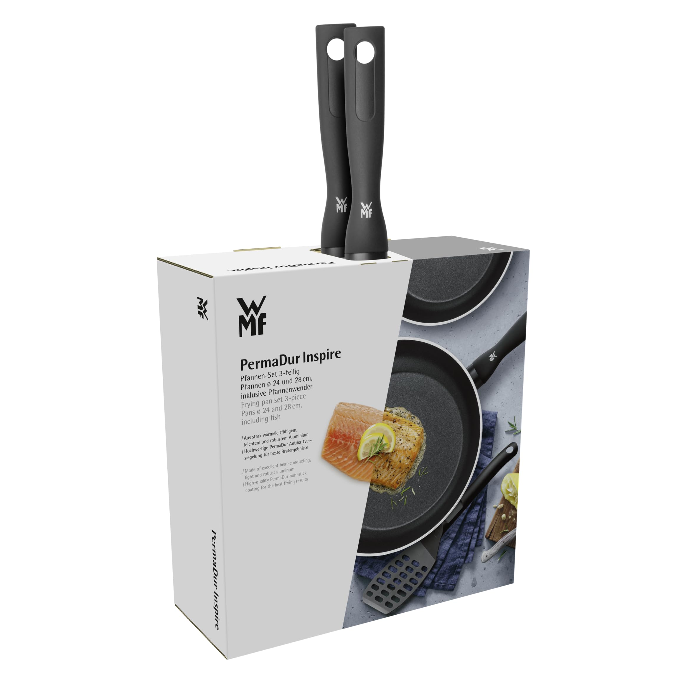WMF Permadur Inspire 2-częściowy zestaw patelni indukcyjnych, patelnia 24 + 28 cm, powłoka aluminiowa, powłoka nieprzywierająca, ergonomiczny uchwyt z tworzywa sztucznego, łopatka do patelni