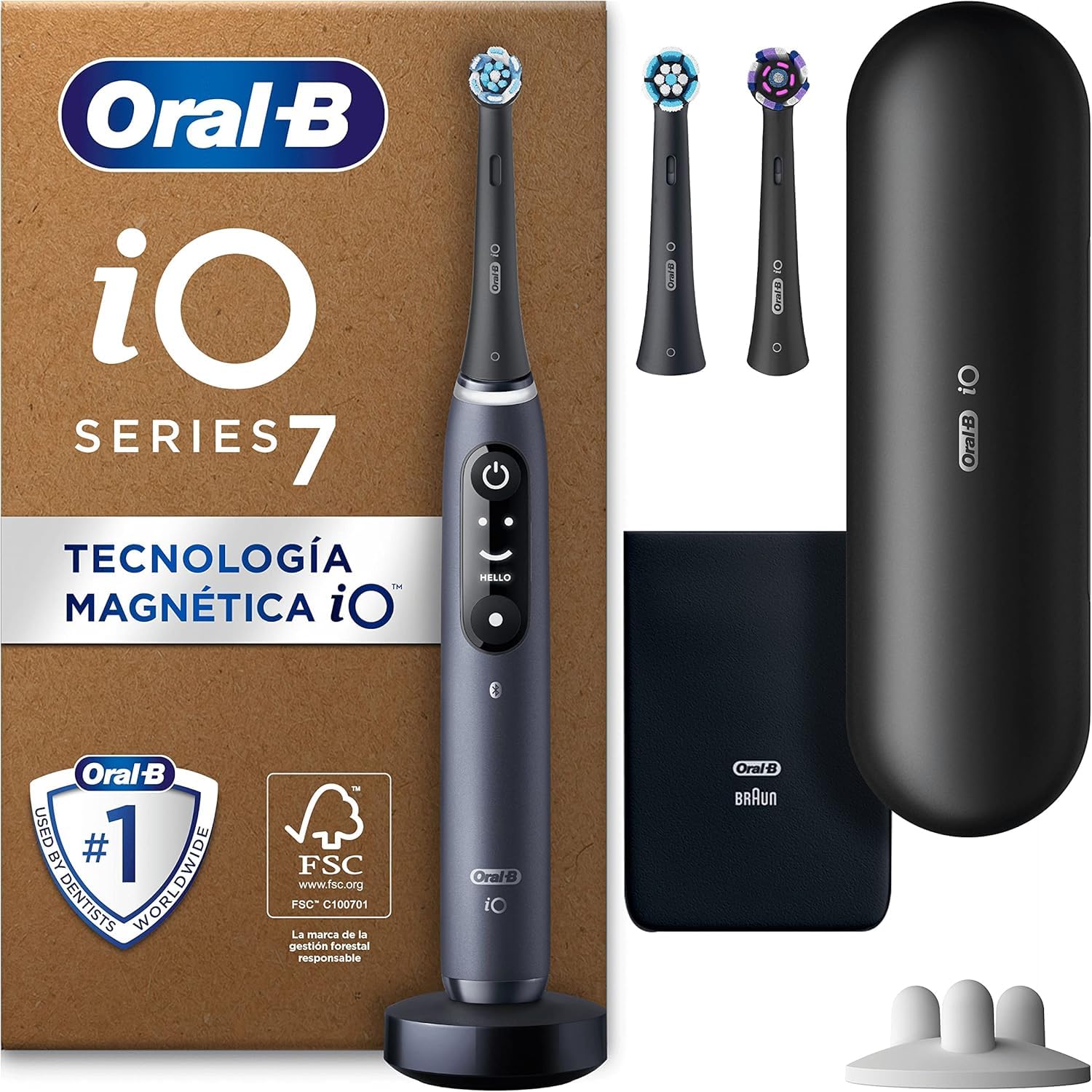 Oral-B iO 7N Cepillo de Dientes Eléctrico con Mango Recargable, 3 Cabezales y Estuche De Viaje, Diseñado por Braun, Regalos Originales para Mujer y Hombre - Negro