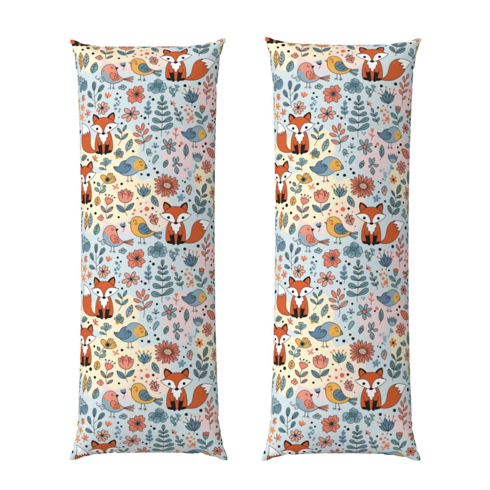Long Pillowcase 20x60 Floral Flowers Foxes, Body Pillow Cover with Hidden Zipper, Premium Quality Velvet, Breathable Rectangular Case for Bed Couch