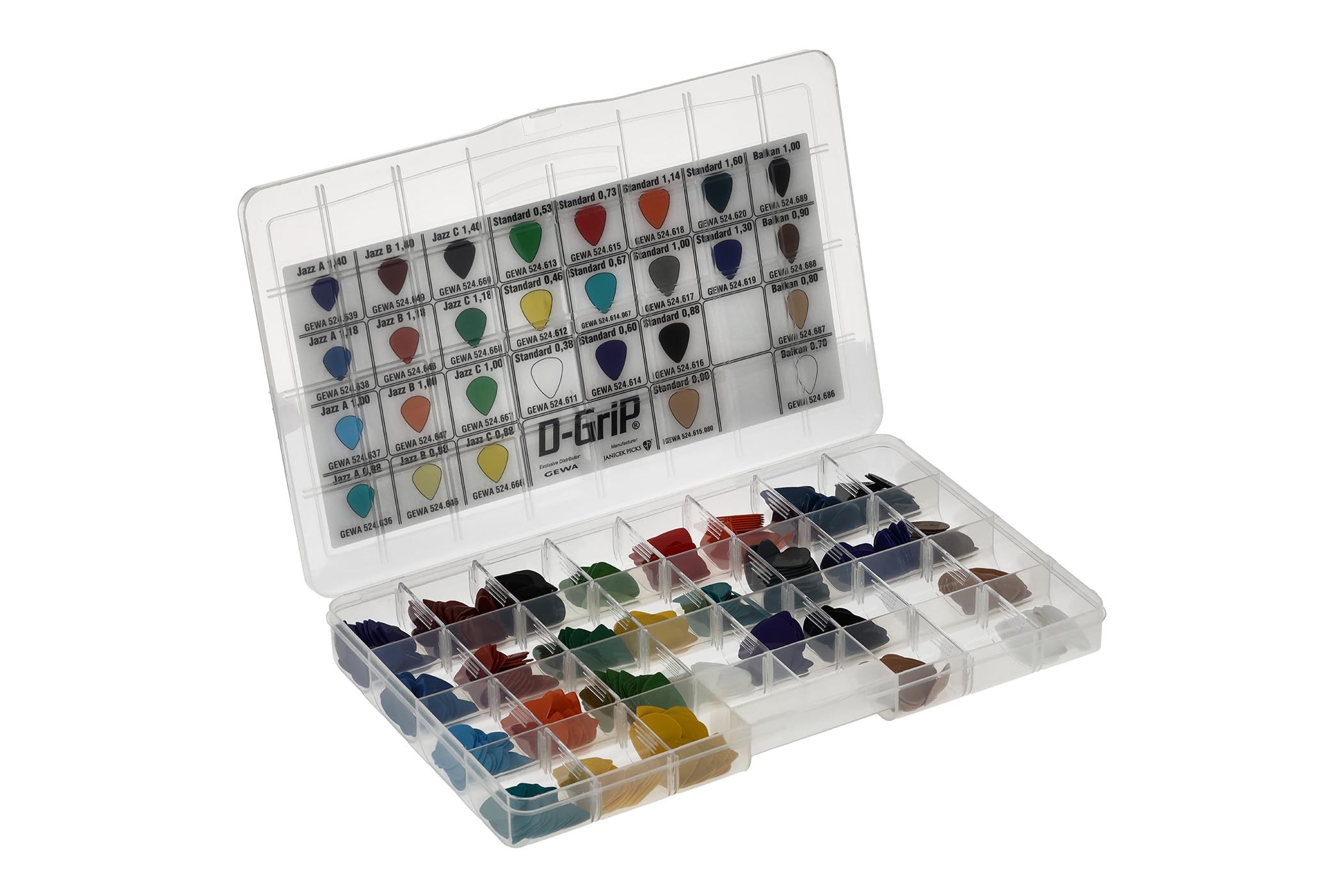 Plettro - Janicek Nylonpicks - Scatola assortita Standard 351, Jazz A, Jazz B, Jazz C, Balkan - 560 pezzi - 28 x 20 pezzi - Tutte le varietà - Tutti gli spessori - prodotto in Repubblica Ceca