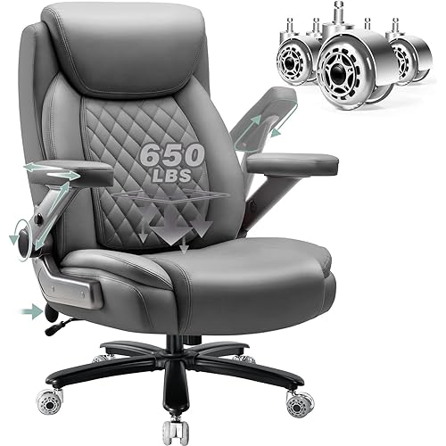 650LBS Large Heavy Duty Office Chair with 5D Flip Arms,Comfy Big and Tall Executive Office Desk Chair with Pocket Spring Cushion,High Back Computer Chair with Lumbar Support,Dual Rubber Wheel