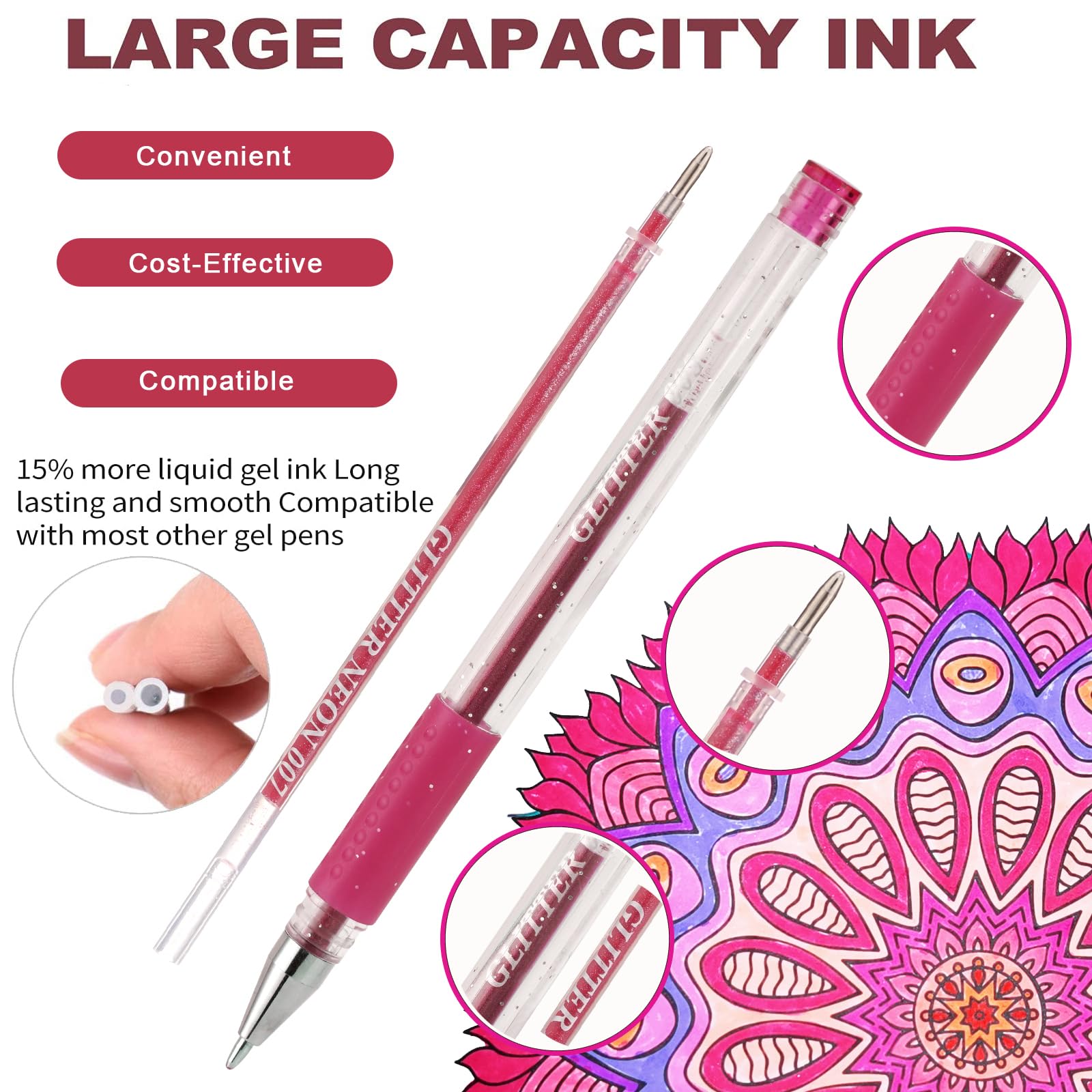 Gelstifte für Malbücher, 72 farbige Gelstifte, Set mit 24 farbigen Gelstiften mit 48 Nachfüllungen, 40 % mehr Tinte zum Zeichnen, Kritzeln, Scrapbooking, Journaling