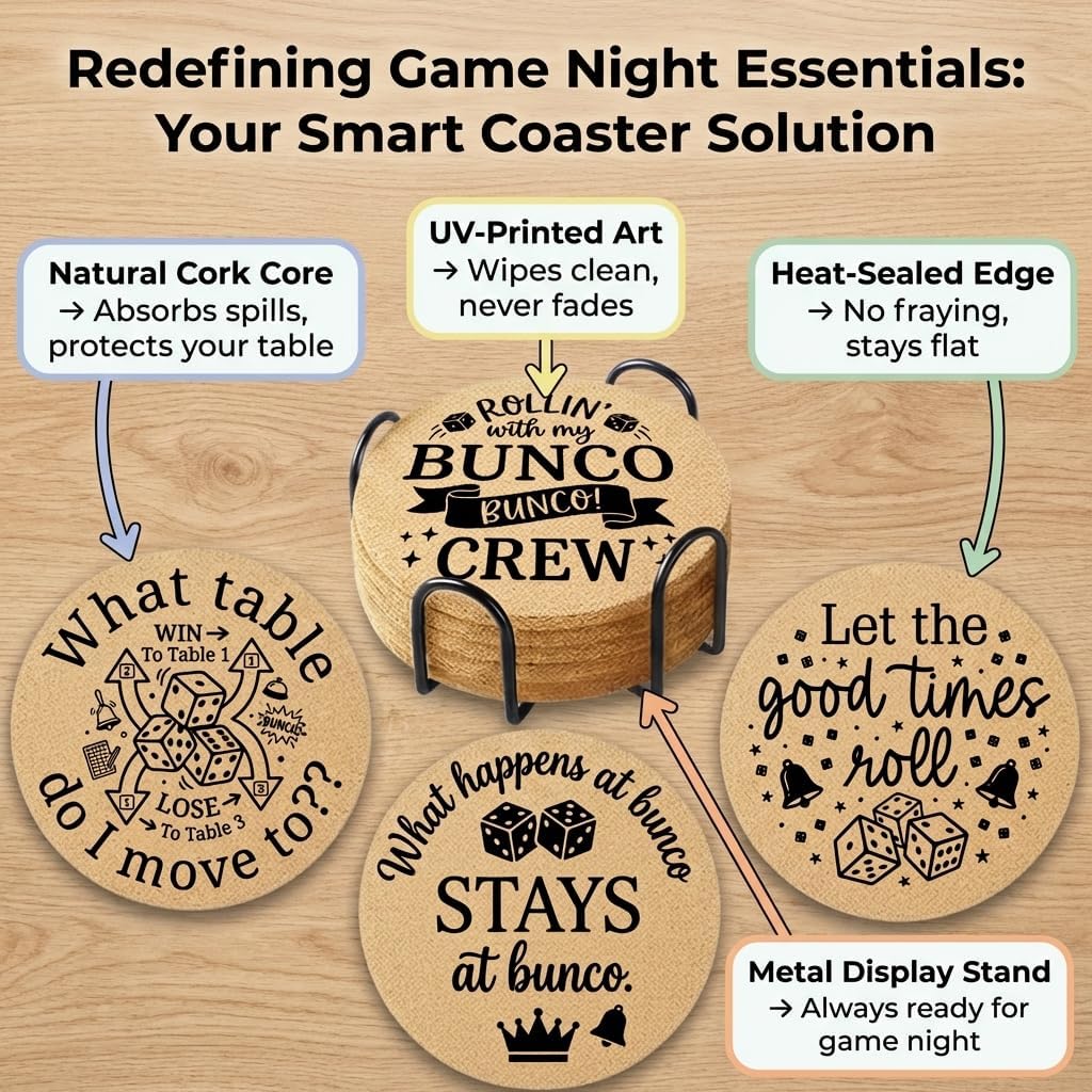 Bunco Coasters Set of 6 with Holder, Funny Bunco Game Cork Drink Coasters for Bunco Night Party, Bunco Gifts Table Decor for Game Players