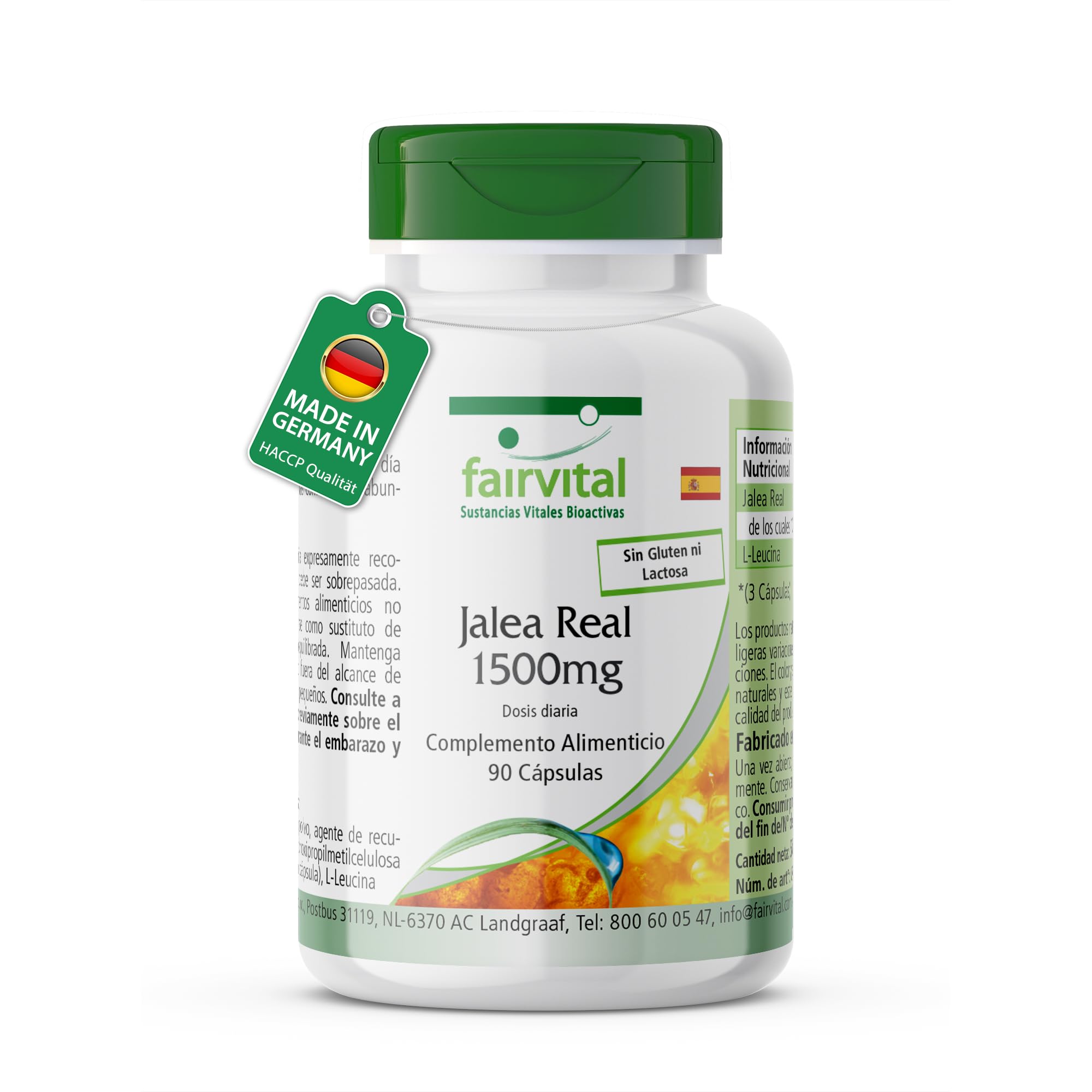 fairvital Jalea Real 1500mg, 90 cápsulas, fáciles de tragar, ALTA DOSIS, estandarizadas al 4% de 10-HDA