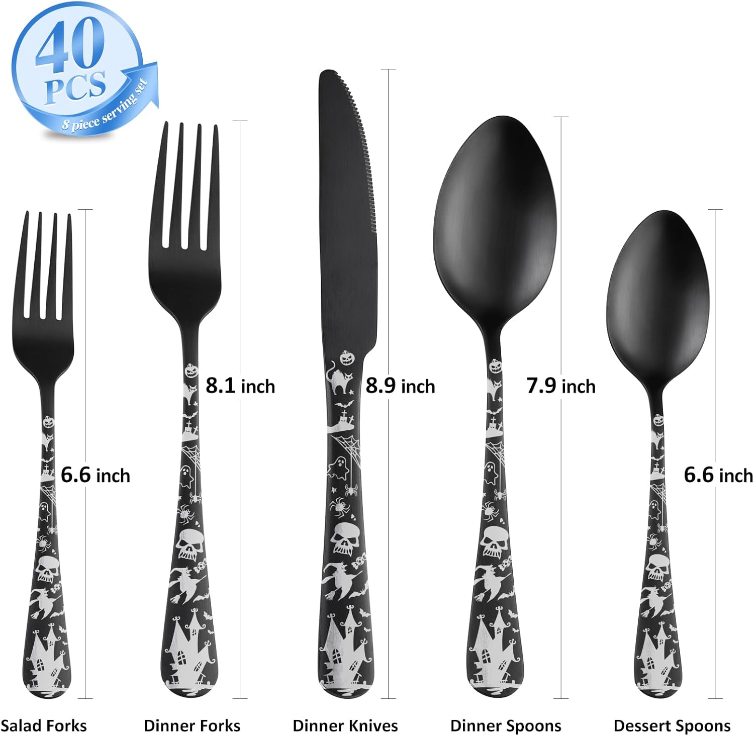 Skull Silverware Set SANLUNS 40 Piece Matte Black Unique Flatware Set for 8,Stainless Steel Fine Dining Utensils Spoons,Forks,Knife Pattern Tableware Durable Cutlery Halloween Home Kitchen,Dishwasher