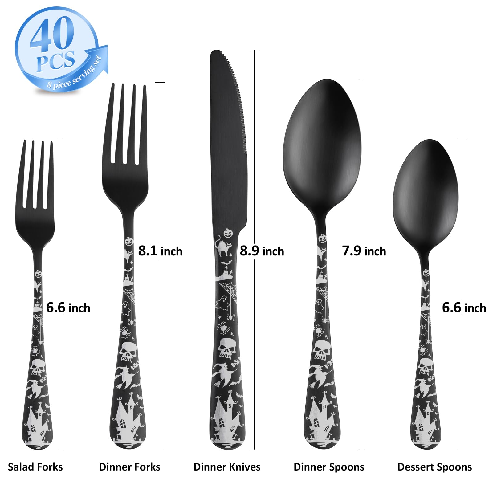 40-teiliges Halloween-Besteck-Set für 8 Personen, schwarzes Besteck-Set für 8 Personen, einzigartiges Halloween-Muster, 18/0 Edelstahl, satiniertes Finish, spülmaschinenfest