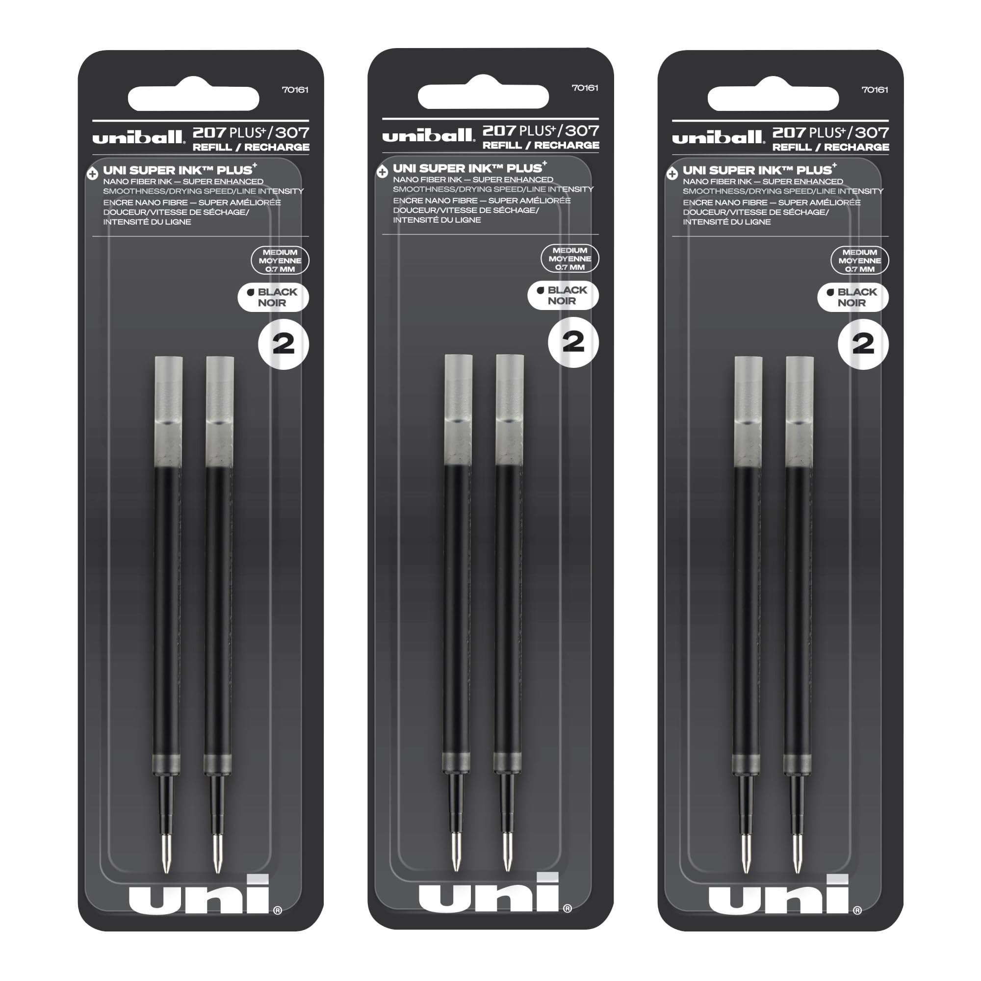 Uniball 207+ Plus Pen Refills, 0.7mm Medium Point, Black Ink, 6 Refills