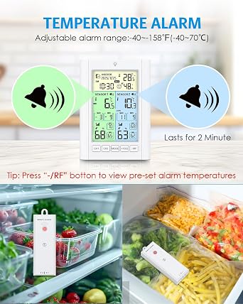 Brifit Fridge Thermometer with 2 Sensors Digital Freezer Thermometer with Temperature Alarm Colour Display Backlight Max/Min DST Time Calendar ℃/℉ Dual Power Mode for Family