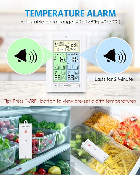 Brifit Fridge Thermometer with 2 Sensors Digital Freezer Thermometer with Temperature Alarm Colour Display Backlight Max/Min DST Time Calendar ℃/℉ Dual Power Mode for Family