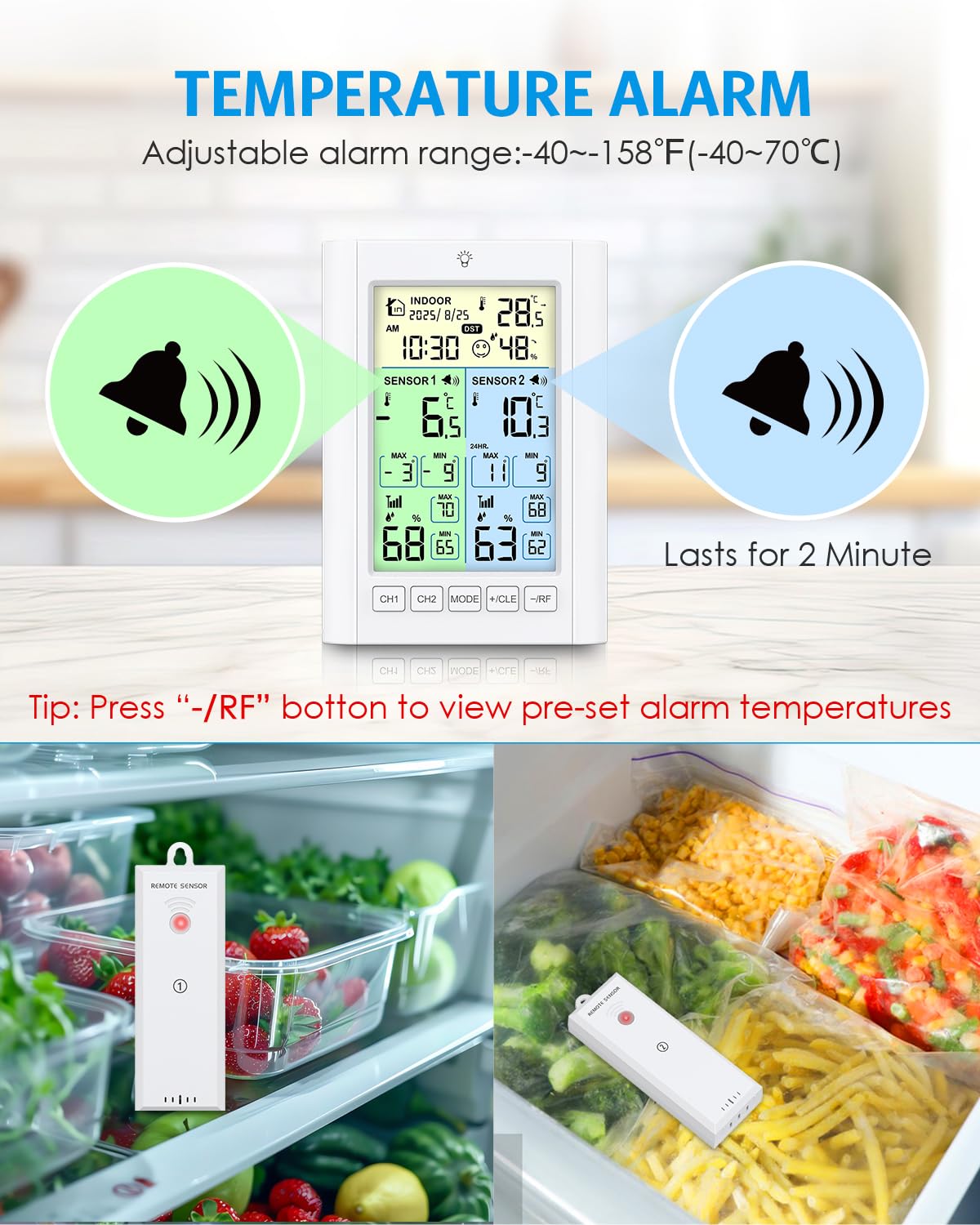 Brifit Kühlschrank Thermometer mit 2 Sensoren, Digitale Gefrierschrank Thermometer mit Temperatur Alarm, Farbdisplay, Hintergrundlicht, Max/Min, DST, Zeit Kalender, ℃/℉, Dual-Power-Modus für Familie