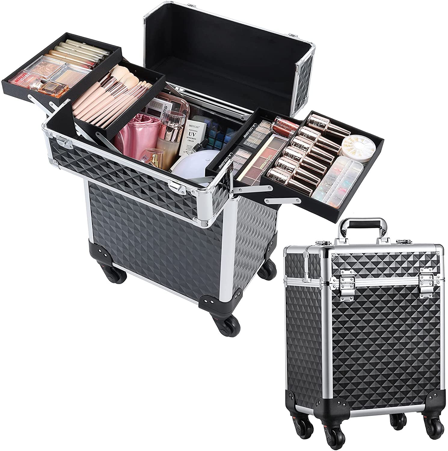 NFI essentials Aluminium Makeup Box with Keys Swivel Wheels Makeup Box Train Case Large Cosmetic Bag Vanity Trolley Organized Case for Barber and Makeupartist - Image 3 thumbnail