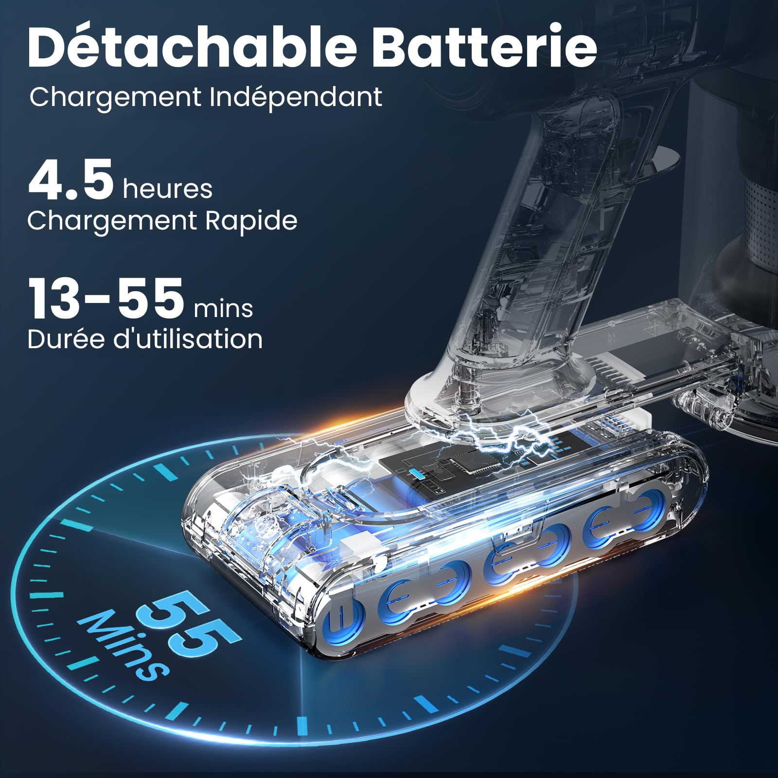Aspirateur Balai sans Fil, 400W 45KPa Aspirateur sans Fil Puissant, 55Min Autonomie, Brosse Anti-emmêlement, Batterie Amovible, Aspirateur sans Sac avec LED Écran pour Tapis Poils d'animaux Sol Dur