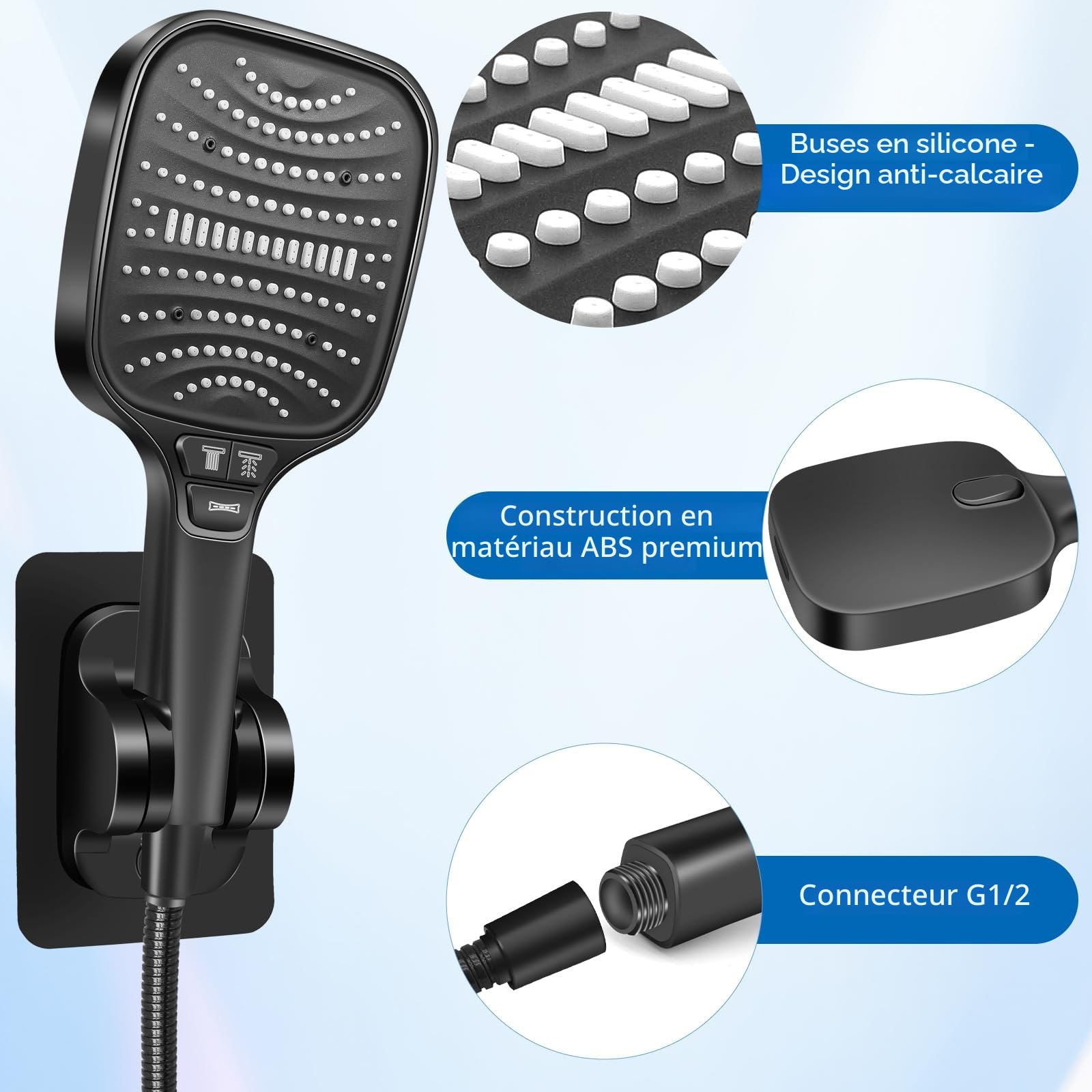 HNOOM Kit Douche Haute Pression, Pommeau de Douche Anti-Calcaire 120mm 8 Modes + Tuyau 1.5m Inox + Support Sans Perçage, Douchette Économie d'Eau, Compatible Salle de Bain(Noir)