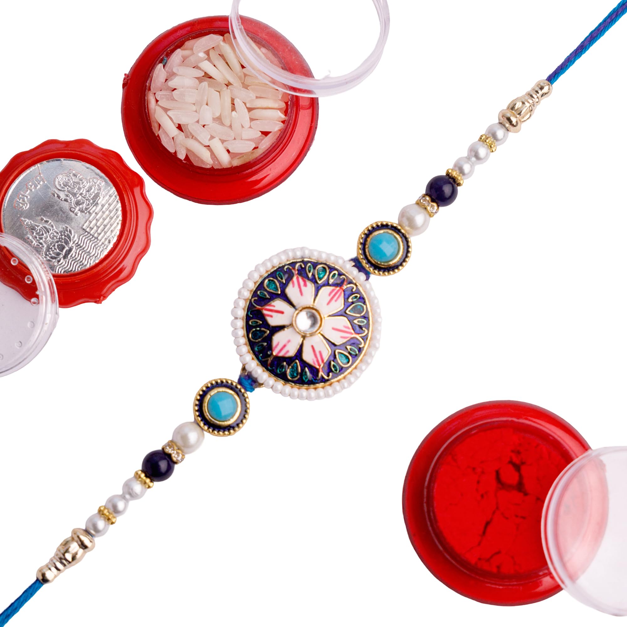 SHREEJI RAKHI Rakhi for Brother and Bhabhi with Shree Yantra Pooja Coin & Roli Chawal, Fancy Designer Bhaiya Rakhi, Surprise Gift Included for Sister