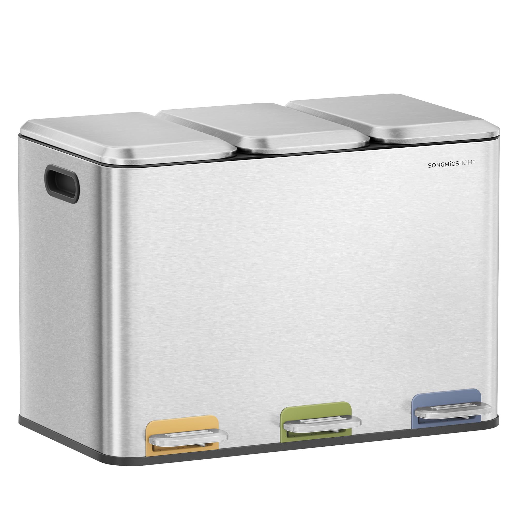 SONGMICS HOME Poubelle Triple de Cuisine, Poubelle Recyclage 3 x 15 L avec Pédales Couleur, Système de Séparation Déchets, avec Couvercles et Seaux Intérieurs, Acier, Argent Métallique LTB740E45V1