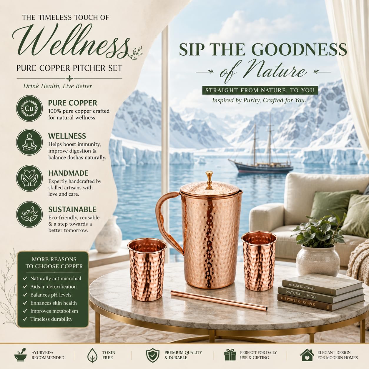 Taluka - Jarra de agua martillada de cobre puro con 2 vasos de vidrio martillado y 1 pajita de 70 onzas / 2000 ml/2 L para el hogar, restaurante, hoteles, regalos Ayurveda beneficios para la salud