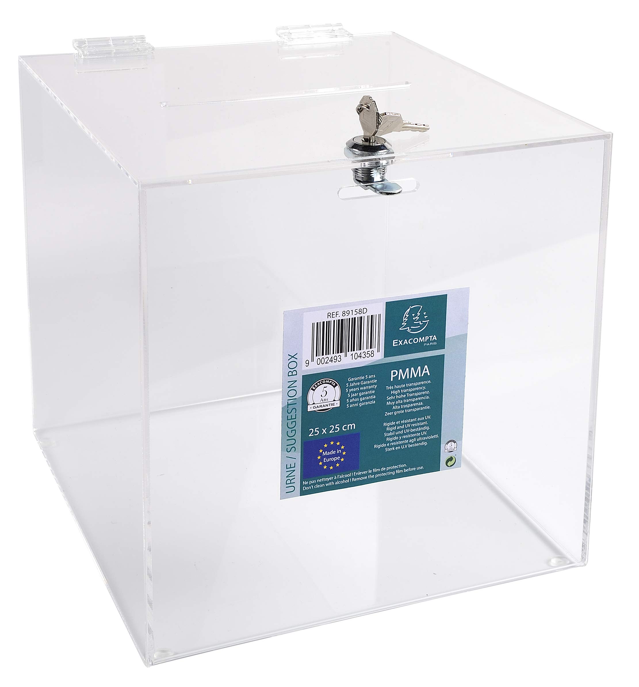 Exacompta - Rif. 89158D - 1 Urna trasparente con coperchio chiuso a chiave, 250 x 250 x 250 mm PMMA (acrilico) voce, concorsi, lotterie, regali, scatola idea - Colore cristallo
