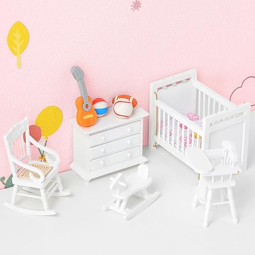 Vista 7 de Juego de muebles de casa de muñecas de madera a escala 1: 12, muebles de dormitorio de madera en miniatura, accesorios de casa de muñecas de madera